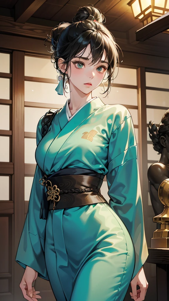 (perfect anatomy:1.2)(absurdres, highres, ultra detailed),masterpiece,best quality,high resolution,8k,Realistic face,Realistic skin texture,magnified textures, stunning clarity,(ultra detailed eyes and face),(1 girl:1.5),15 years old,black hair,messy bun,kanzashi,pale skin, mysterious eyes,Thin fabric, green yukata,thin body type,big breasts,(expressionless:1.2)(bashful:1.1),Steampunk in the meiji Period、Japanese style luxury、night、Lobby of Japanese Onsen Ryokan、hieroglyph,Ancient Egyptian statues,look at viewer,(from front:1.3),Delicate atmosphere、,cowboy shot,walking,