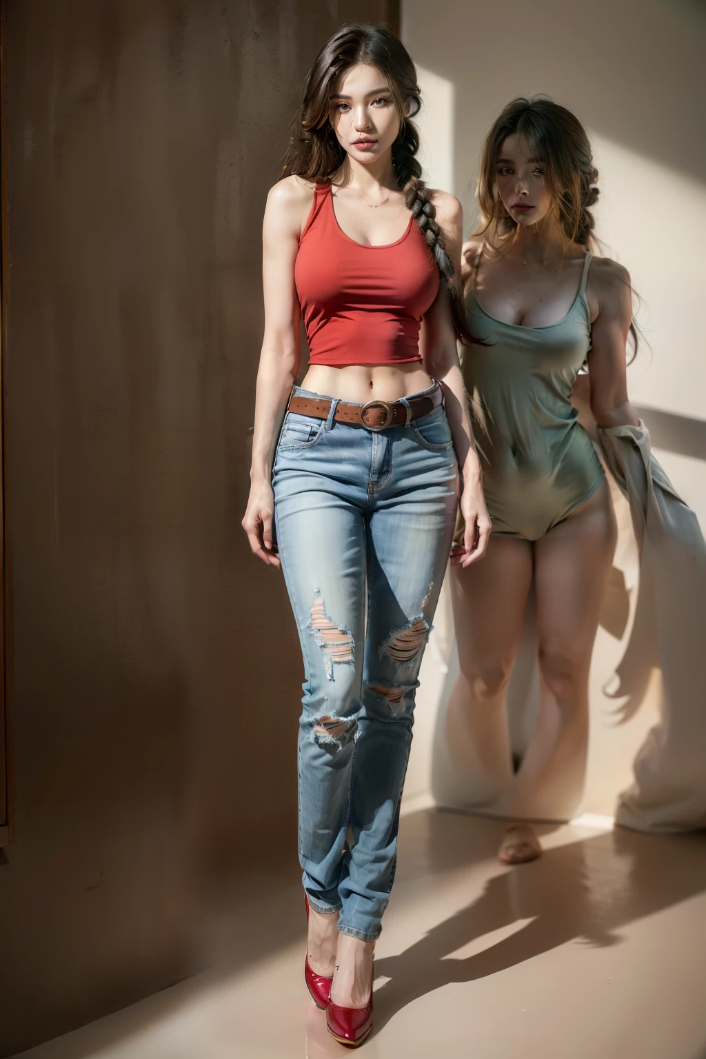 (RAW shooting, Photoreal:1.5, 8k, highest quality, masterpiece, ultra high resolution), perfect dynamic composition:1.2, Highly detailed skin and facial textures:1.2,beautiful and aesthetic:1.2, sexy beauty, perfect style, belief, Strong-willed, revenge, Fair skin, very beautiful face, (large breast:1.8, Chest gap:1.8), (beautiful eyes)(1girl, tall, long legs, navel:1.2, makeup:1.2, single braid, thicc tight:1.4, red color tank top,sleeveless,belt:2,red color jeans:2,plunging neckline:2),(simple background:1),(knees together),(full body photo:2),