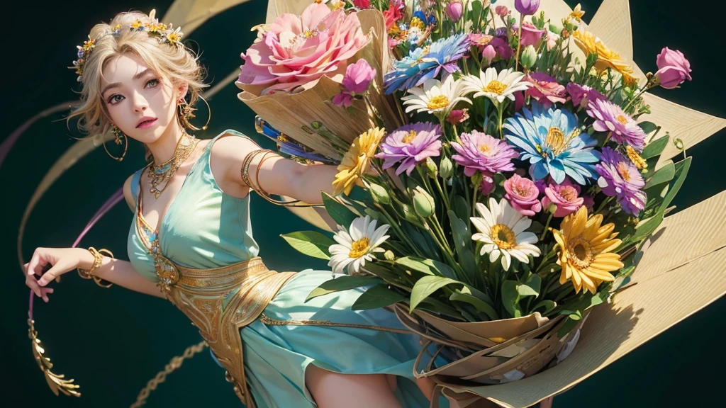 32K, 最高quality, 最高masterpiece, (ultra-Detailed Background, Detailed Background), High resolution, Super detailed, Very detailedな, One girl, (bouquet:1.3), (Tangled:1.2), (Geometric:1.2),(colorful),(masterpiece, quality, best quality, Official Art, Beautiful and beautiful:1.2), (1 girl:1.3), Very detailed,(colorful:1.1)(Flowers:1.3),Most detailed,(Tangled:1.2), whole body, (Abstract background:1.3), (Skin glows), (Many colors:1.4), ,(Earrings Jewelry:1.5), Light green background,