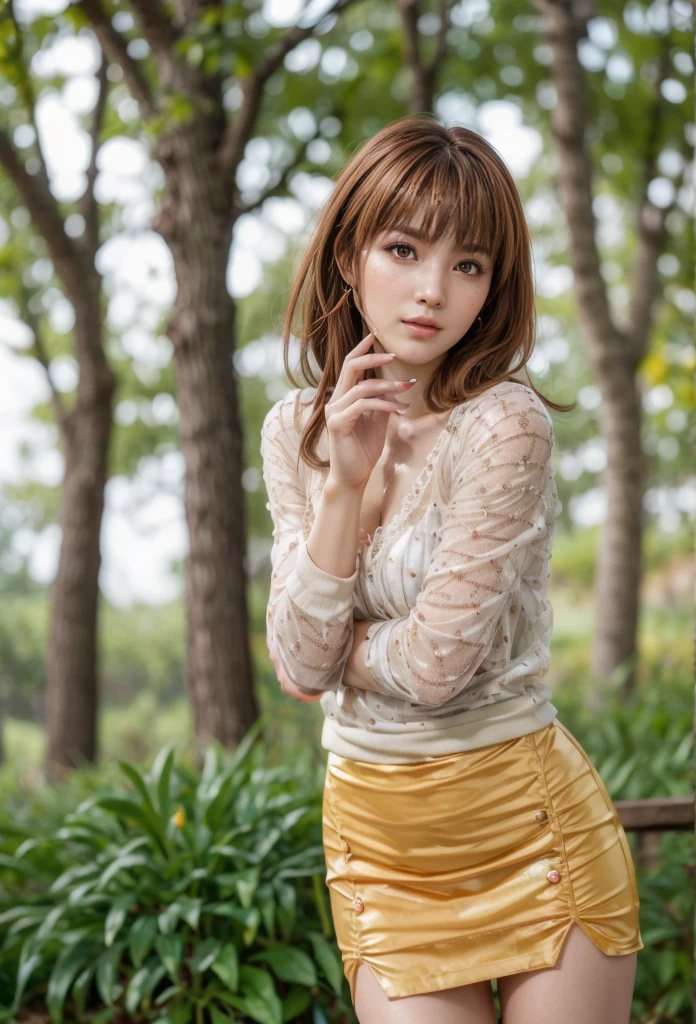 kasumi, eyes browns, (best qualityer, ultra detail), (realisitic:1.37), beautiful and detailed face, ultra-realisitic texture, Exquisite face, Delicate body, red lipgloss stick, shiny colors. High definition, 8k