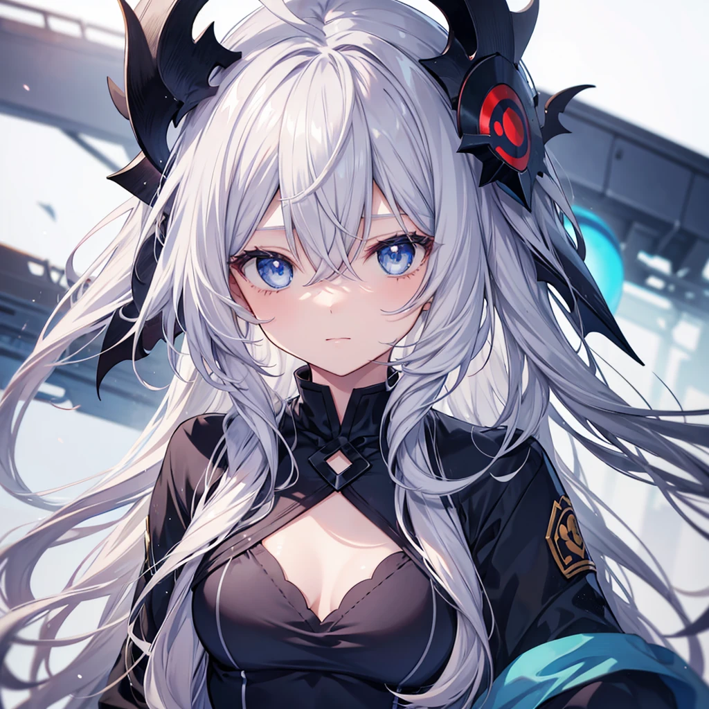 One girl, Long Hair, Bangs between the eyes, Gray Hair, Character portrait, blue eyes, Anime Style, Ahoge, Character design drawings, Small breasts,Demon King