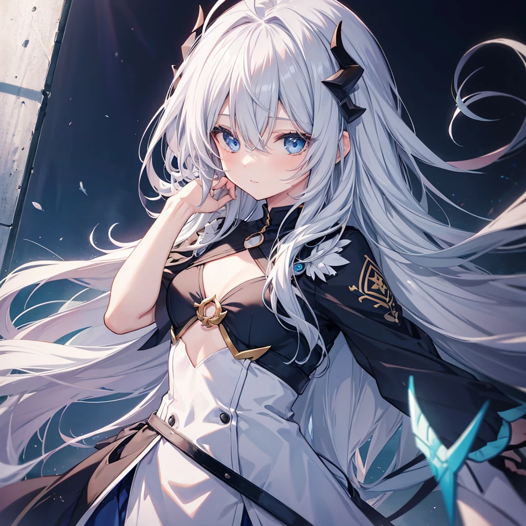 One girl, Long Hair, Bangs between the eyes, Gray Hair, Character portrait, blue eyes, Anime Style, Ahoge, Character design drawings, Small breasts,Demon King