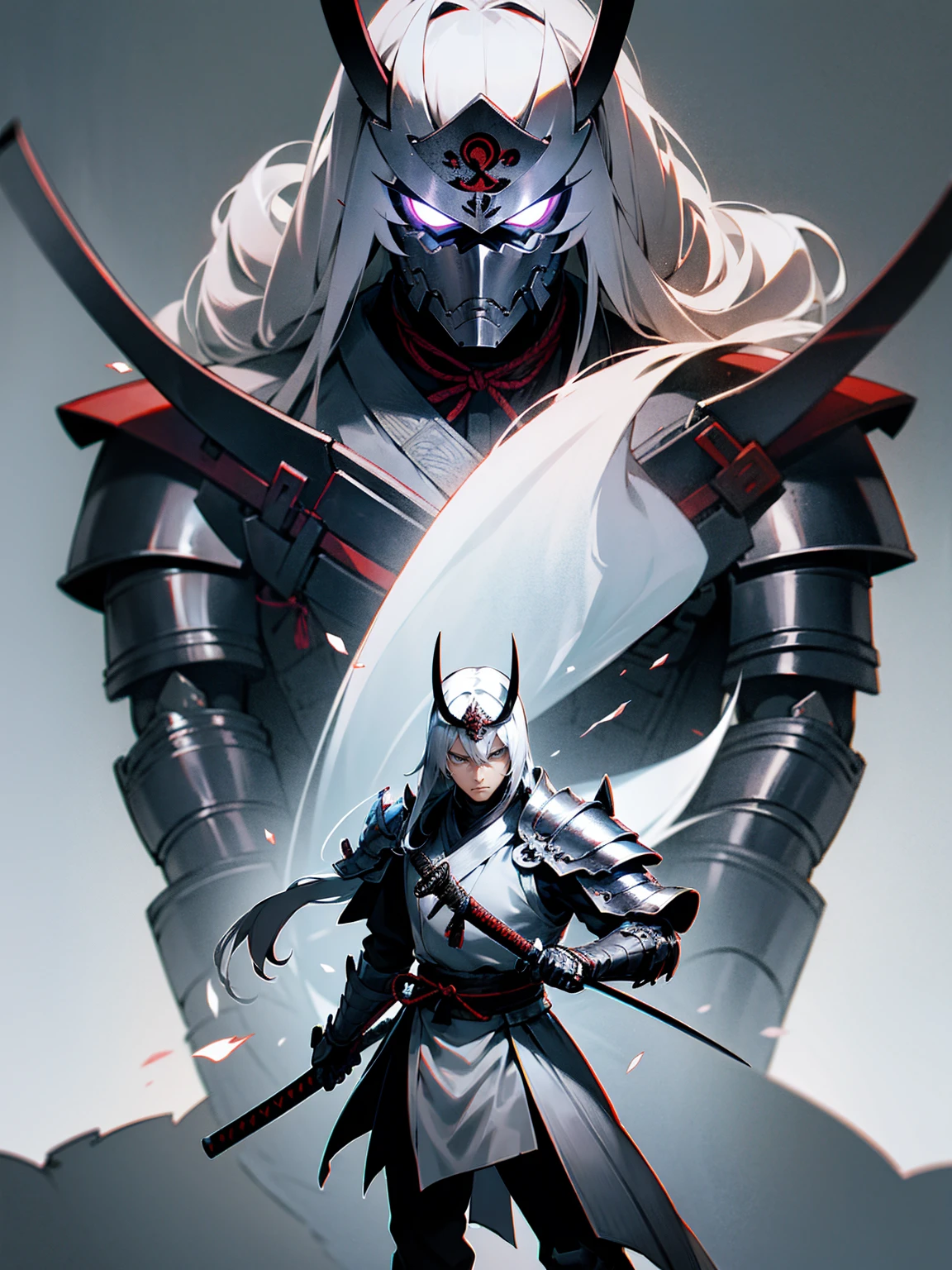 1male, adult, silver hair, long hair, sliver samurai helmet, silver samurai armor, grey eyes, serious expression, lean builds, standing on path, facing viewer