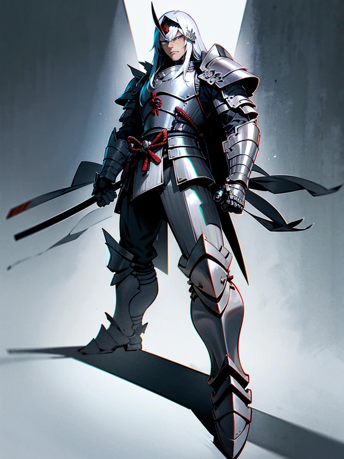 1male, adult, silver hair, long hair, sliver samurai helmet, silver samurai armor, grey eyes, serious expression, lean builds, standing on path, facing viewer