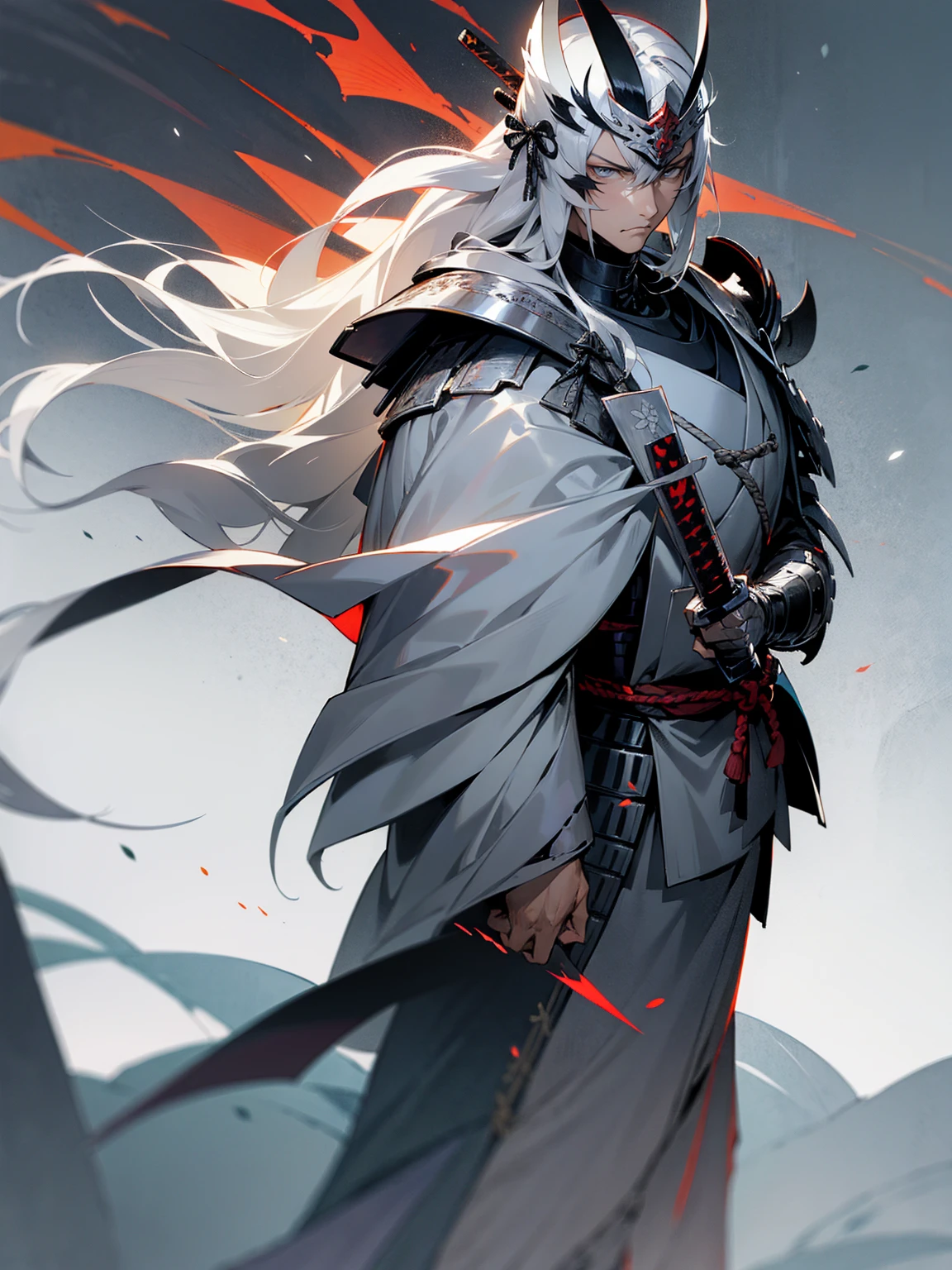 1male, adult, silver hair, long hair, sliver samurai helmet, silver samurai armor, grey eyes, serious expression, lean builds, standing on path, facing viewer