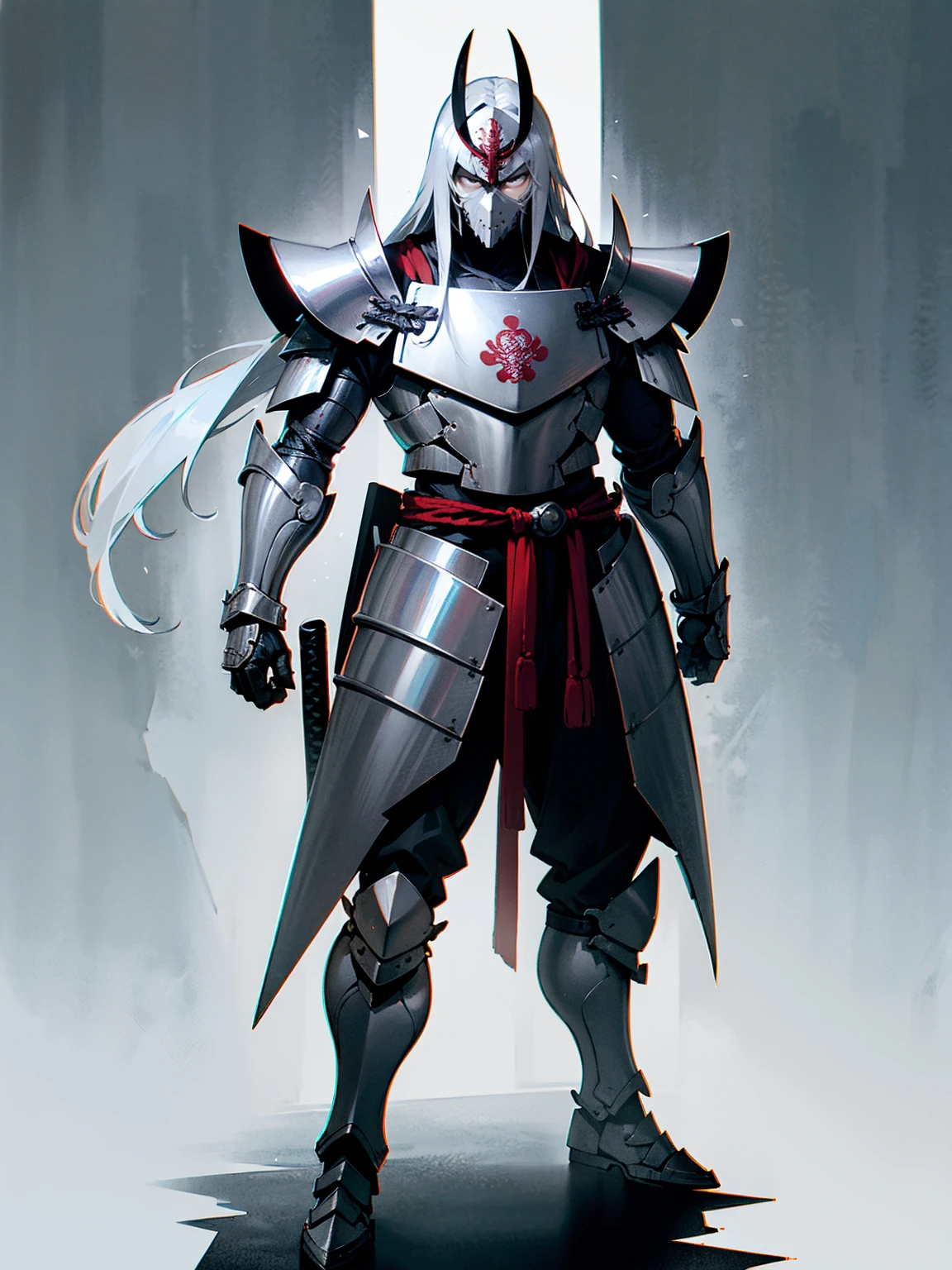 1male, adult, silver hair, long hair, sliver samurai helmet, silver samurai armor, grey eyes, serious expression, lean builds, standing on path, facing viewer