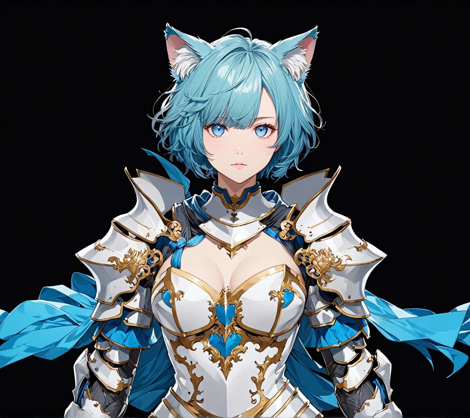 masterpiece, best quality, good quality, Highly detailed, shadowverse style, female, cat ear, cyan hair, modern aesthethic, armored, blue eyes, short hair, tidy hair, blue and white main color, full body art, adult, solo, closed mouth, knight, character design, standing with pose facing camera, plain background
