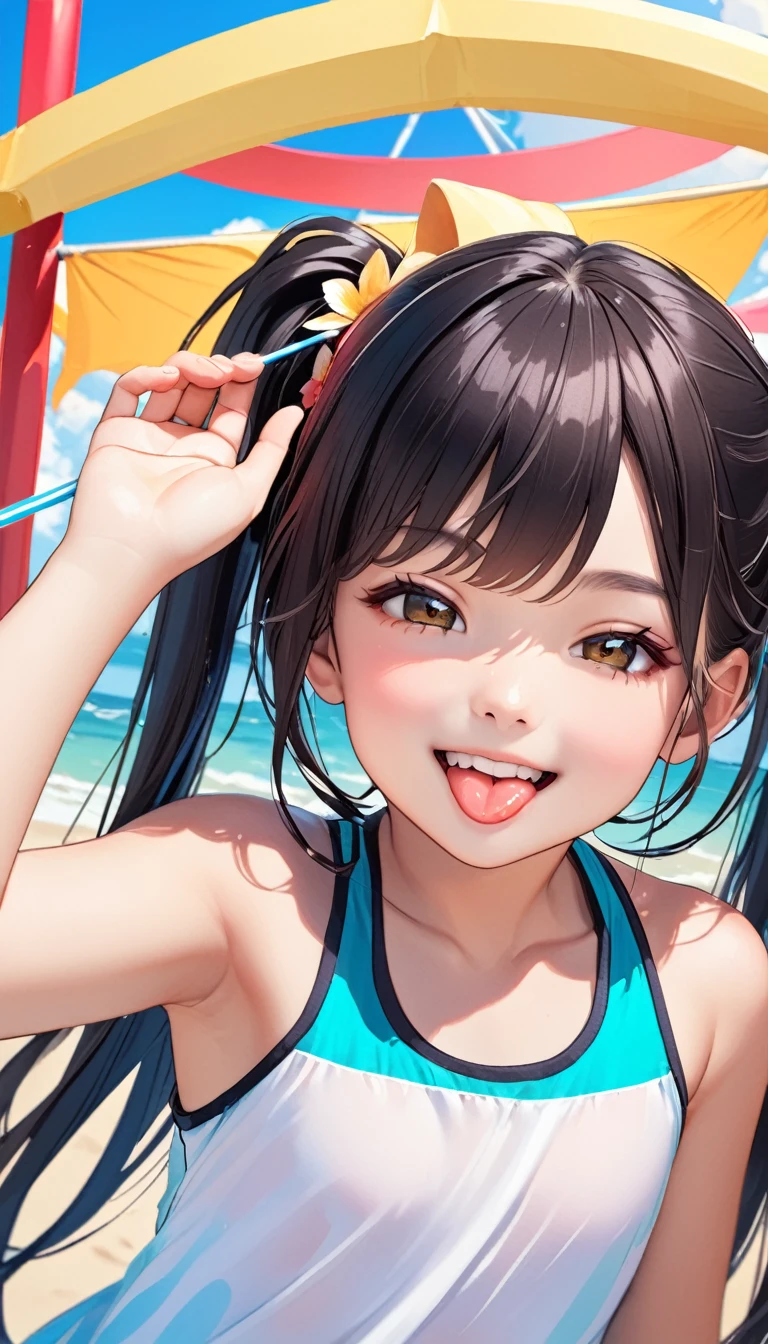 8-year-old black-haired girl,Beach Summer Festival,elevation,Flushing,Upper body close-up, Sticking out tongue, smile&#39;Eyes wearing silver-white mirrored lens sunglasses、I looked at the world reflected in the lenses of my sunglasses....(Side Pony,Colorful Hair), 