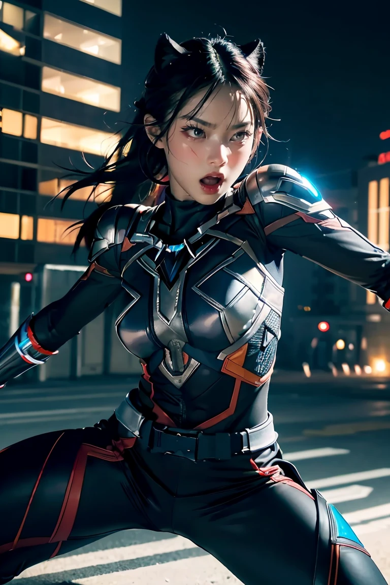 (best quality,highres:1.2), realistic, vibrant colors, detailed face and expression, fierce gaze, powerful stance, , glowing vibranium claws, night scene, strong lighting, superhero, action-packed, dynamic pose, 1 girl, Black panther suit,