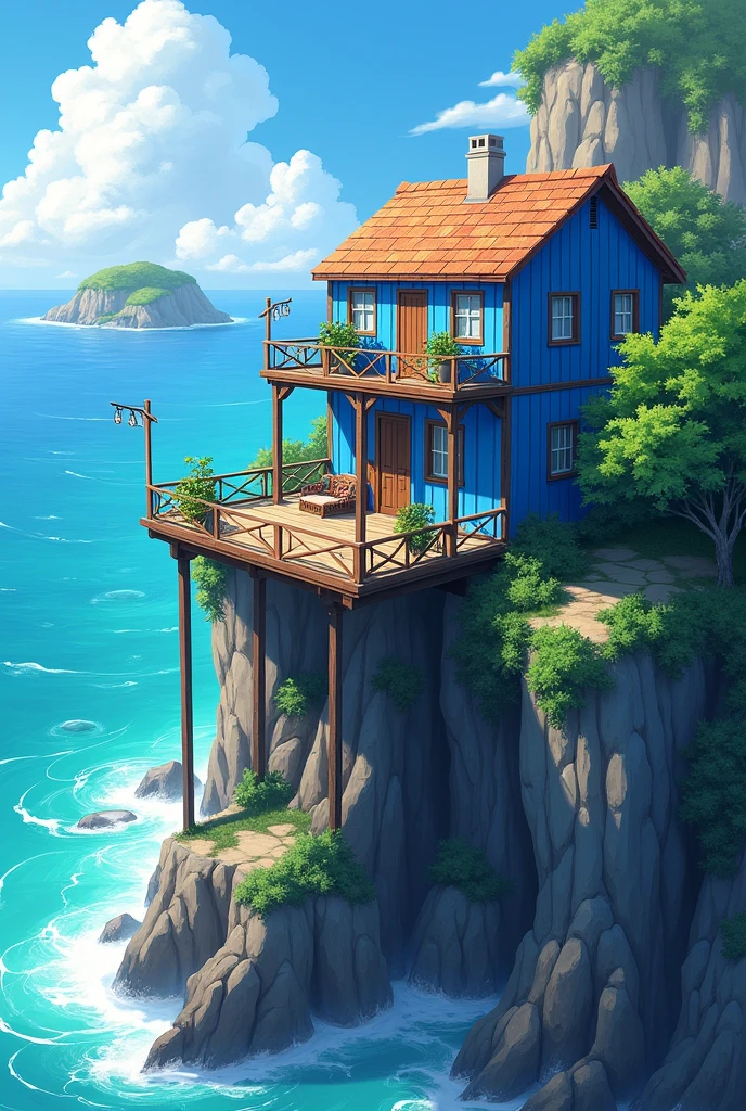 The image shows a beautiful blue wooden house on a cliff overlooking the ocean. The house is built on stilts and has a sloping roof with a balcony on the second floor. The balcony has a wooden railing and there are several potted plants and flowers on it. There is a wooden deck with a table and chairs on the right side of the house. The ocean is a beautiful turquoise color and the sky is a clear blue. The cliff is covered in greenery and there is a small island in the background. The overall atmosphere of the image is peaceful and serene.