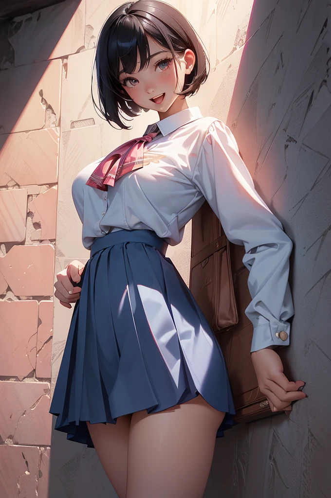 masterpiece, super fine illustration, best quality,ultra-detailed, 8K wallpaper, (a beautiful woman),big breasts,(black hair),(very short hair),(blue skirts),((white school uniform),smile,open mouth,rom behind,(hand against wall), ass,,bedroom,pink bed,night,side shot
BREAK
(burberry check panties),lifted by self,skirt lift