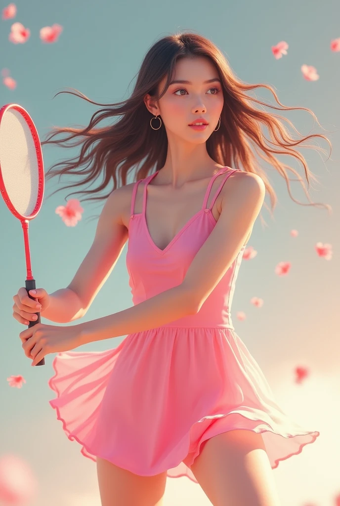 Beautiful girl,wearing a pink mini dress,holding badminton racket