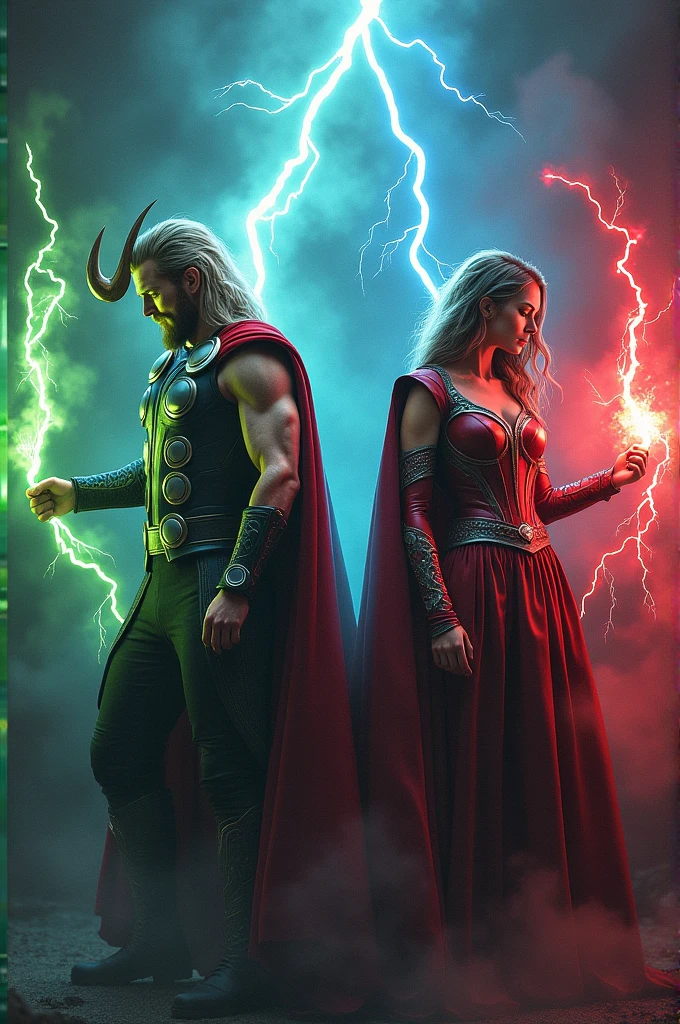 Loki with horn and green magic,
Thor with blue aura and lightning,
Scarlet witch with red aura and red energy blast