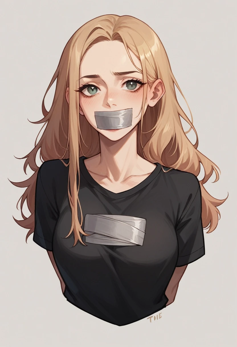 cartoon, girl, black shirt, long hair, tide up, tape gagger,
