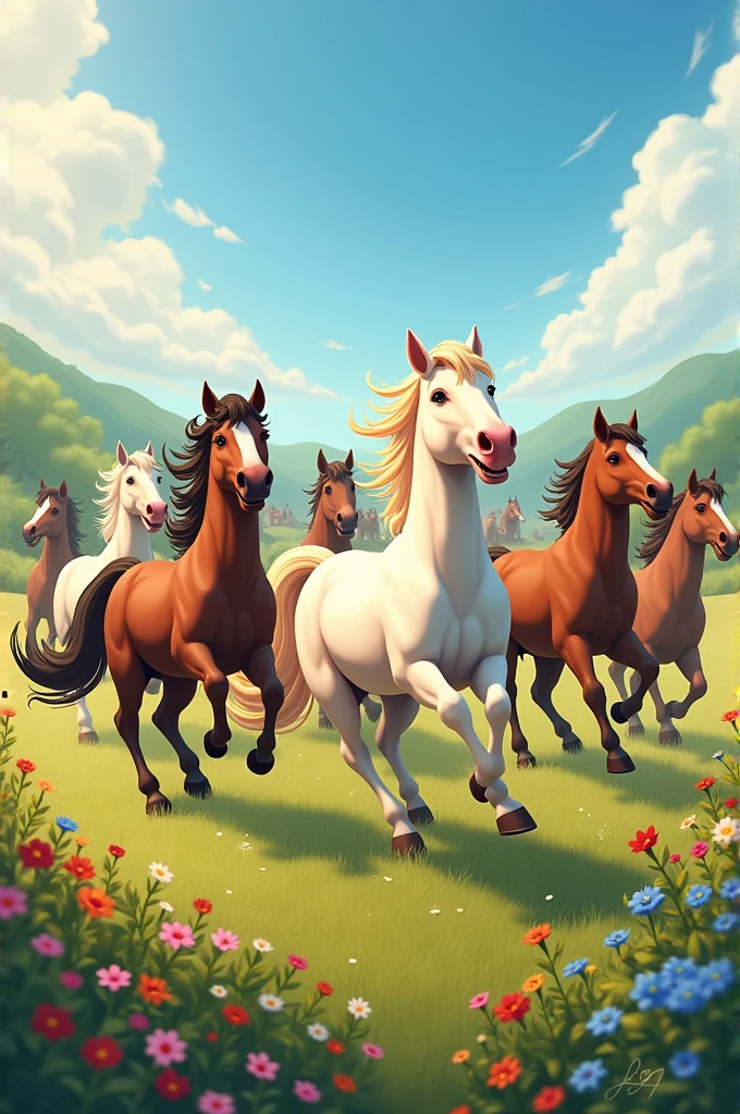 The horse goes neigh, neigh, neigh,
All around, they love to play.(Chorus) Let’s sing, let’s dance,