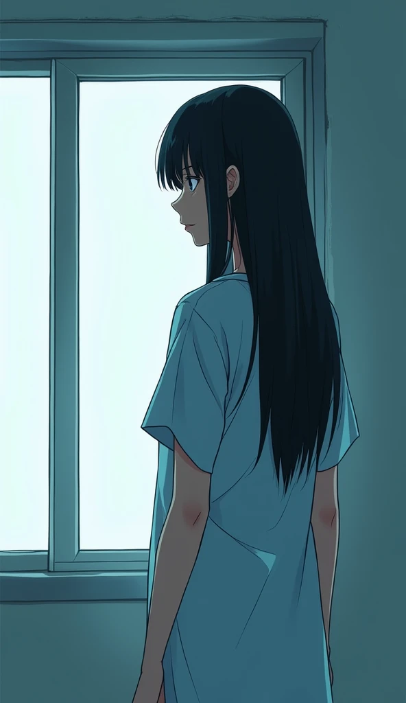 ((A woman with long hair))，standing by the hospital window，Black straight hair，Hospital gown，Japanese comic style，Lonely expression