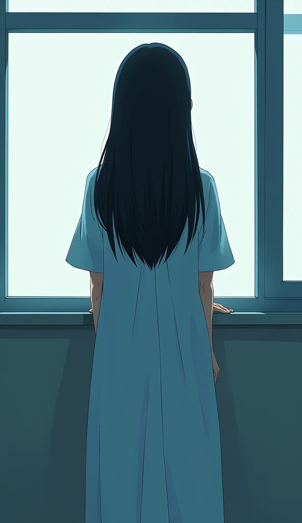 ((A woman with long hair)),standing by the hospital window,Black straight hair,Hospital gown,Japanese comic style,Lonely expression