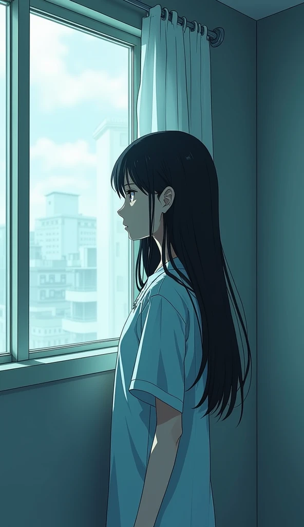 ((A woman with long hair)),standing by the hospital window,Black straight hair,Hospital gown,Japanese comic style,Lonely expression