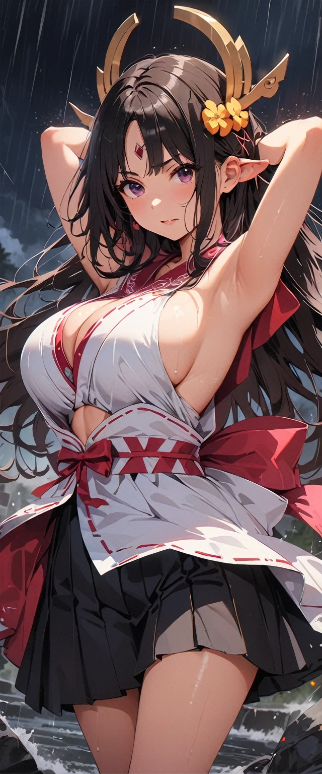 Highest quality, (Ultra-high resolution,8k), Ultra-high definition 4K, (Perfect Anatomy), (Cute three sister shrine maidens), (Shrine maiden costume), high , (Dynamic composition), (Well-proportioned face), (In the Storm), (Photorealistic), (Big Breasts), Soft Skin, Glowing Skin, Bright lighting, Very heavy rain, Professional photography techniques, Stretching oneself