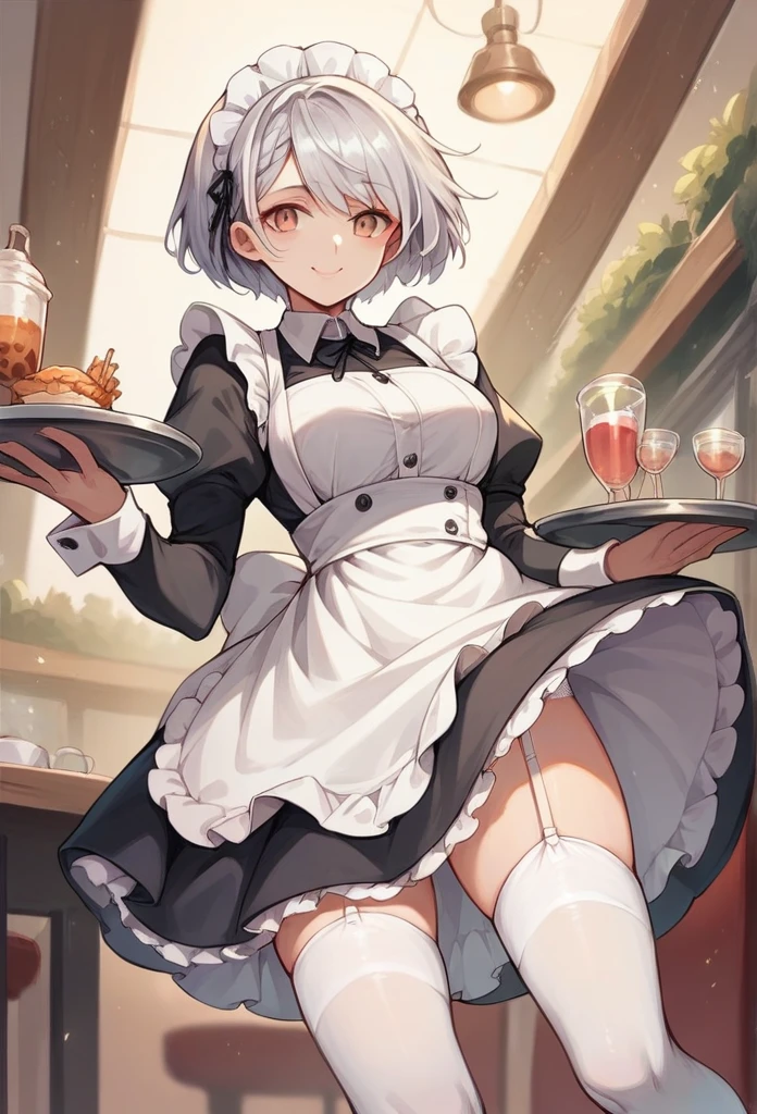 pretty girl,smile,Silver Hair,Short Hair,Maid clothes,White knee-high socks,White garter belt,pumps,Cafe,Hold the tray in your right hand,