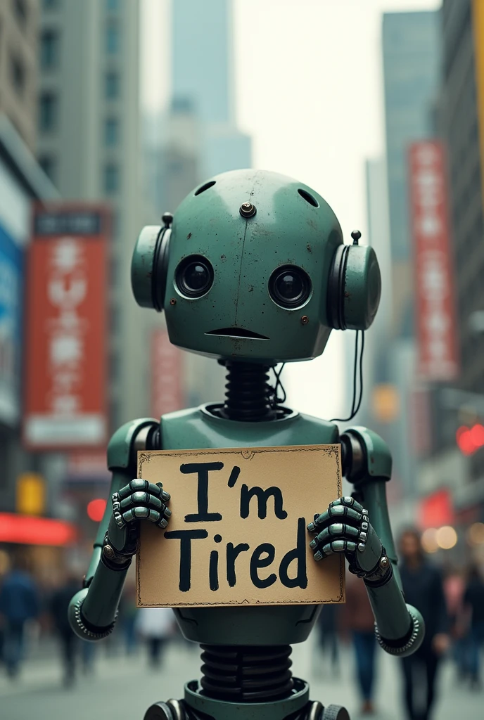 A robot with a sad expression in the city & Holding a sign that says 'I'm Tired', the overall photo size is 3000×3000.