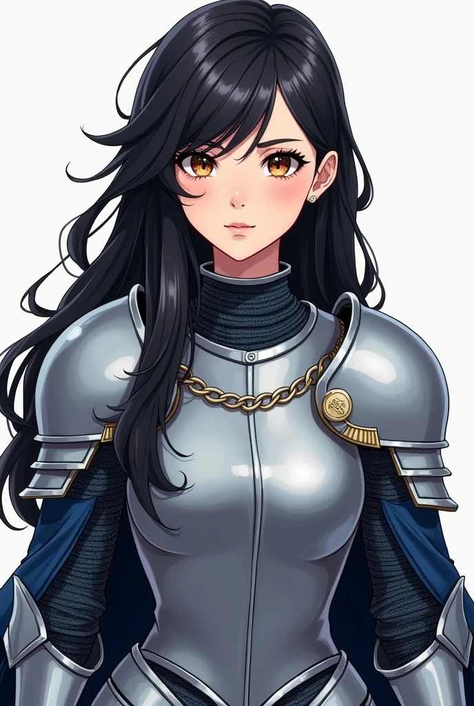 Illustration of a bust-up of a cool, cute, and mature female knight. 
Long black hair. 
Armor is based on silver and blue. 
3 heads tall.