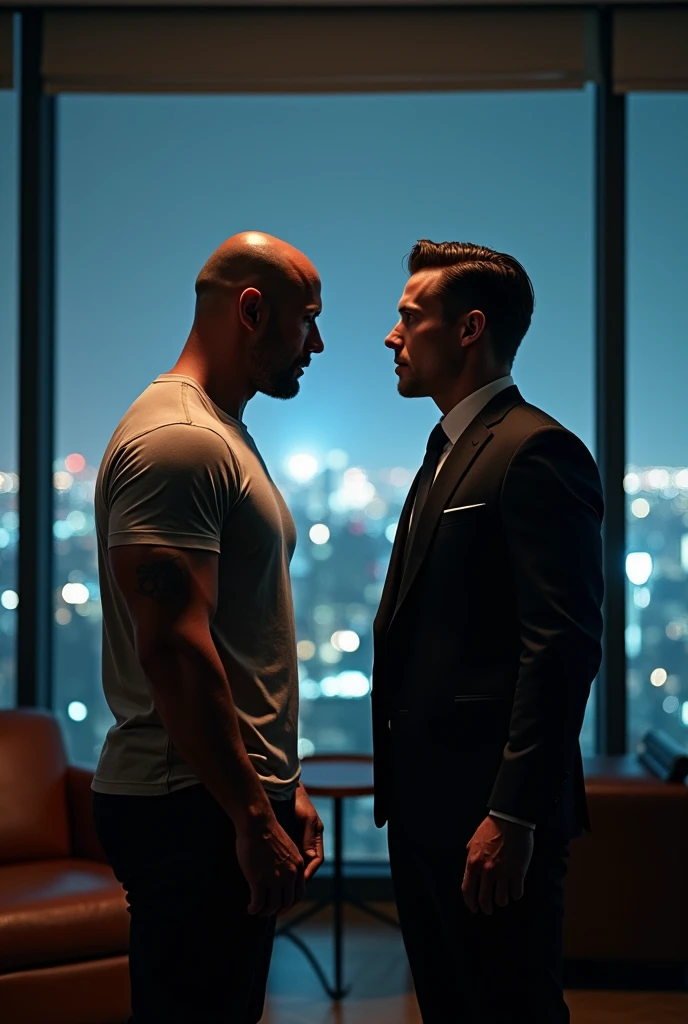Dwayne johnson wearing t shirt and face to face with handsome muscular man with hair wearing formal dress at office room top floor in night,brighter l𝖎ght