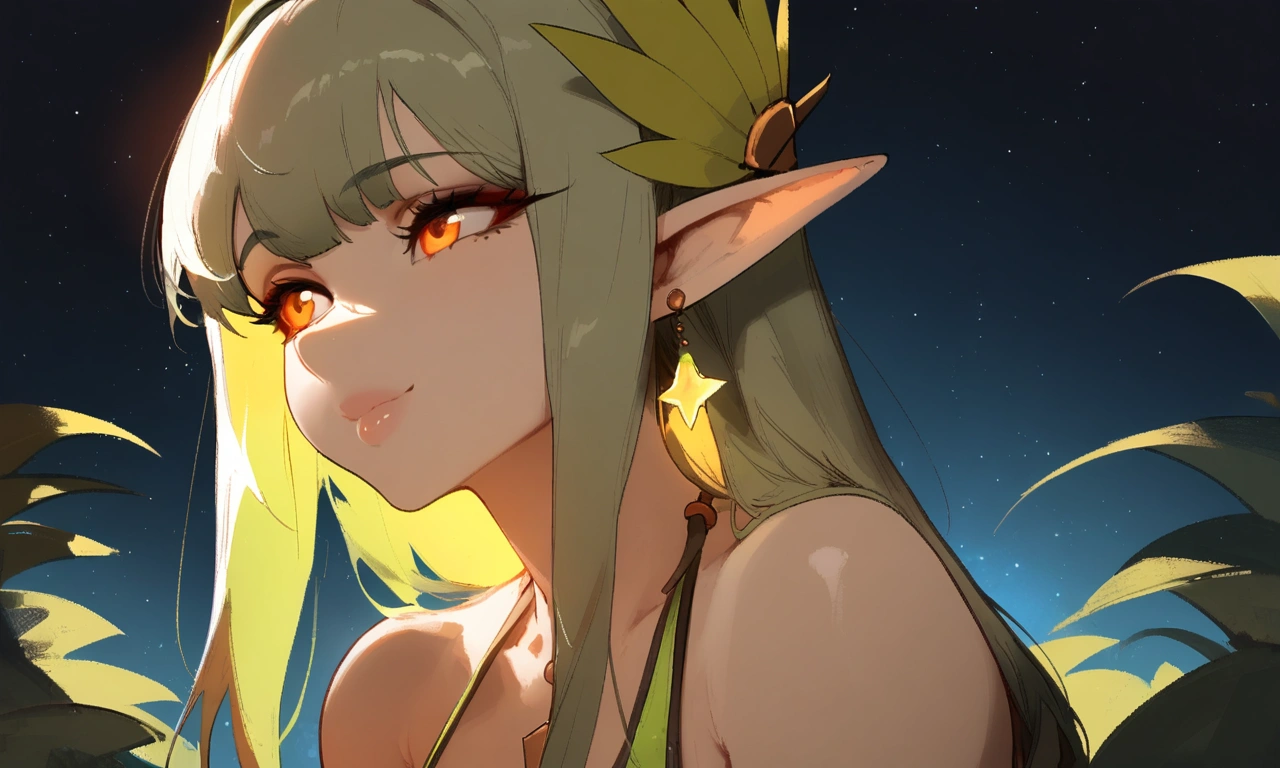 1girl, muelsyse \(arknights\), arknights \\\\\ masterpiece, best quality, very aesthetic, absurdres, newest ///// nyantcha, cutesexyrobutts, khyle ////// orange eyes, elf ears ///// simple background, space background, lime bikini, greenery, 18 years old girl, thin waist,solo, stars, ^_^, portrait, detailed face, bare neck. profile, night sky, star sky