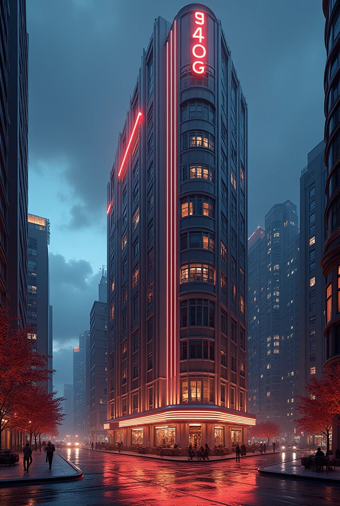 art deco design，urban buildings，streamline moderne，futuristic architecture, Abstraction，modern style，Luxury and Luxury，Future night view，Futuristic decorative elements，Metallic，number line，sci-fi lamp，Virtual Engine，Unreal rendering，neon lights, apartments, restaurants, mid rise, mixed use, multiple buildings