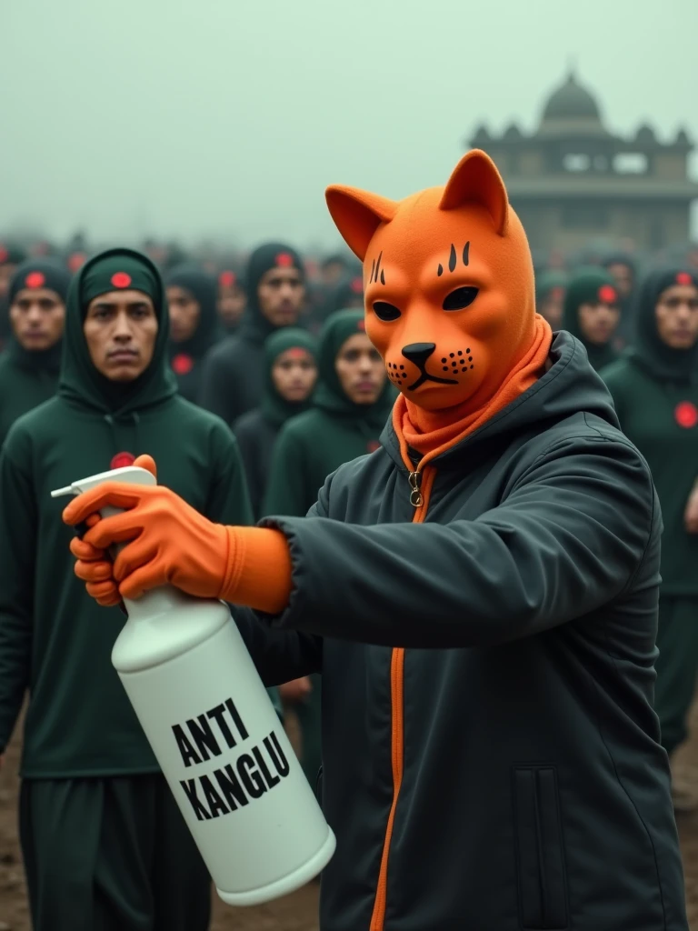 a person with orange cat mask stopped migration in military border by using spray "ANTI KANGLU" written in the spary bottle. The immigrants are wearing black wearing green lungi which has a red dot in the middle