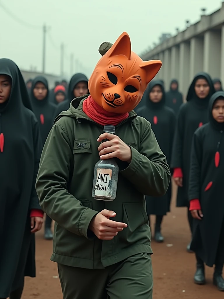a person with orange cat mask stopped migration in military border by using spray "ANTI KANGLU" written in the spary bottle. The immigrants are wearing black wearing green lungi which has a red dot in the middle