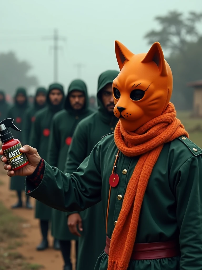a person with orange cat mask stopped migration in military border by using spray "ANTI KANGLU" written in the spary bottle. The immigrants are wearing black wearing green lungi which has a red dot in the middle