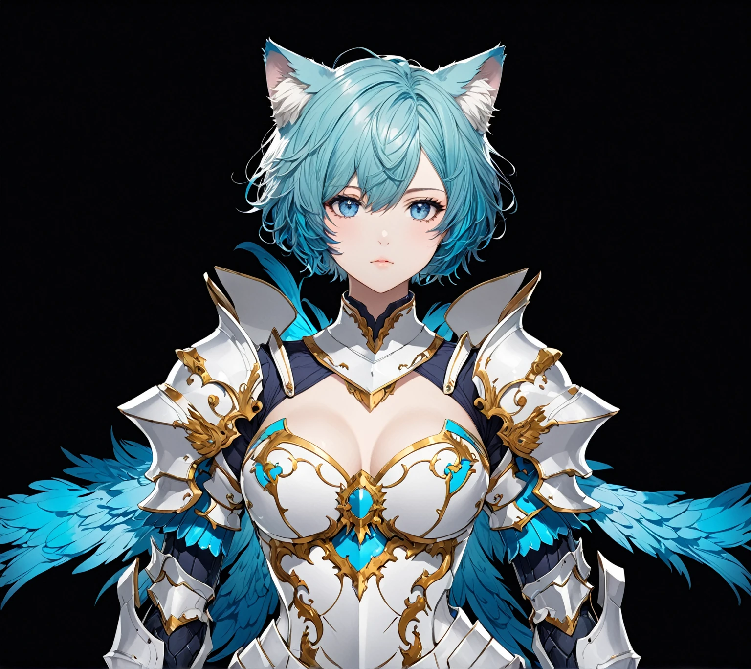 masterpiece, best quality, good quality, Highly detailed, shadowverse style, female, cat ear, cyan hair, modern aesthethic, armored, blue eyes, short hair, tidy hair, blue and white main color, full body art, adult, solo, closed mouth, knight, character design, standing with pose facing camera, plain background
