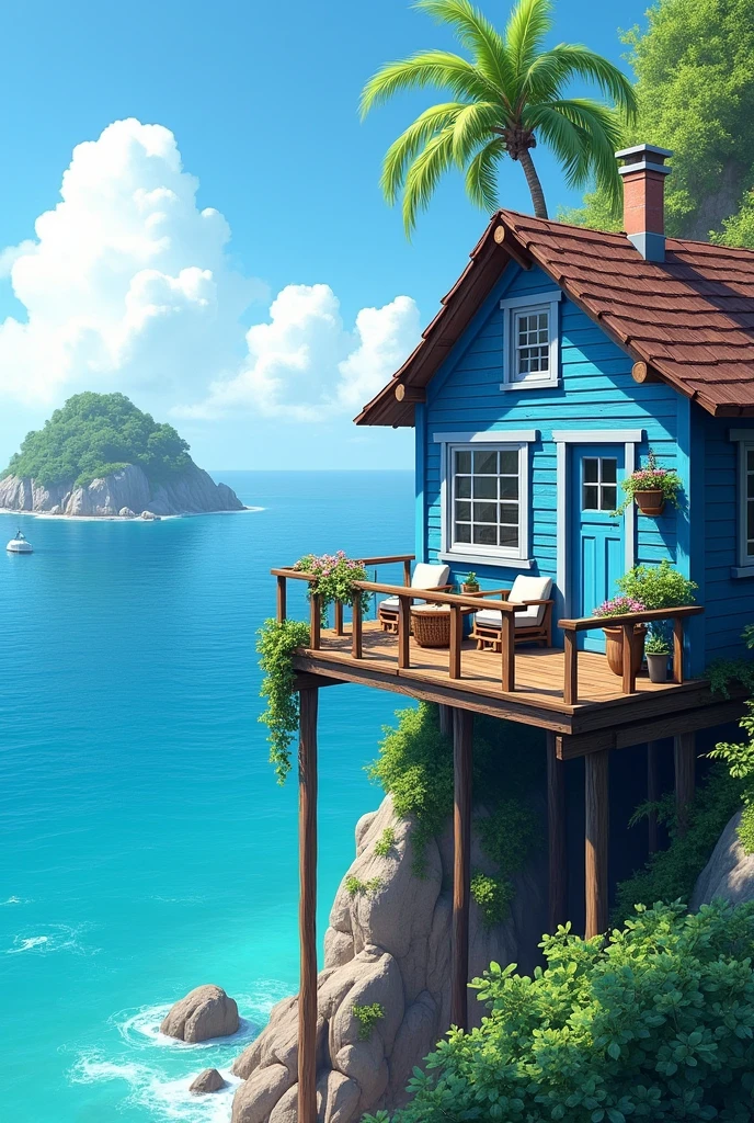 The image shows a beautiful blue wooden house on a cliff overlooking the ocean. The house is built on stilts and has a sloping roof with a balcony on the second floor. The balcony has a wooden railing and there are several potted plants and flowers on it. There is a wooden deck with a table and chairs on the right side of the house. The ocean is a beautiful turquoise color and the sky is a clear blue. The cliff is covered in greenery and there is a small island in the background. The overall atmosphere of the image is peaceful and serene.