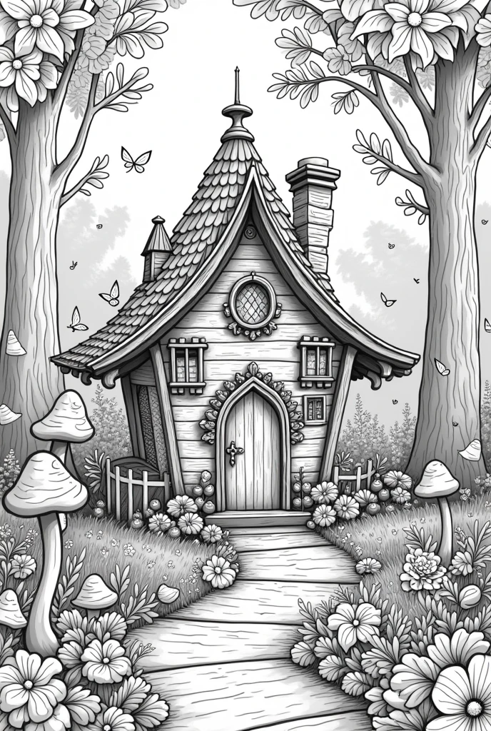 Fairy house land coloring book pages nature background no color black and white high details