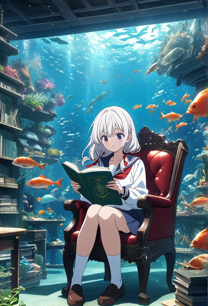 Produce an illustration of a beautiful girl sitting on an antique chair and reading a book in a library under the sea. The main character is a high school girl with medium white hair. She is wearing a sailor uniform with a red ribbon tied around her neck. she is wearing loafers. fantay view . The library is underwater . full of fish . Please make it look like the key visual of the anime. 