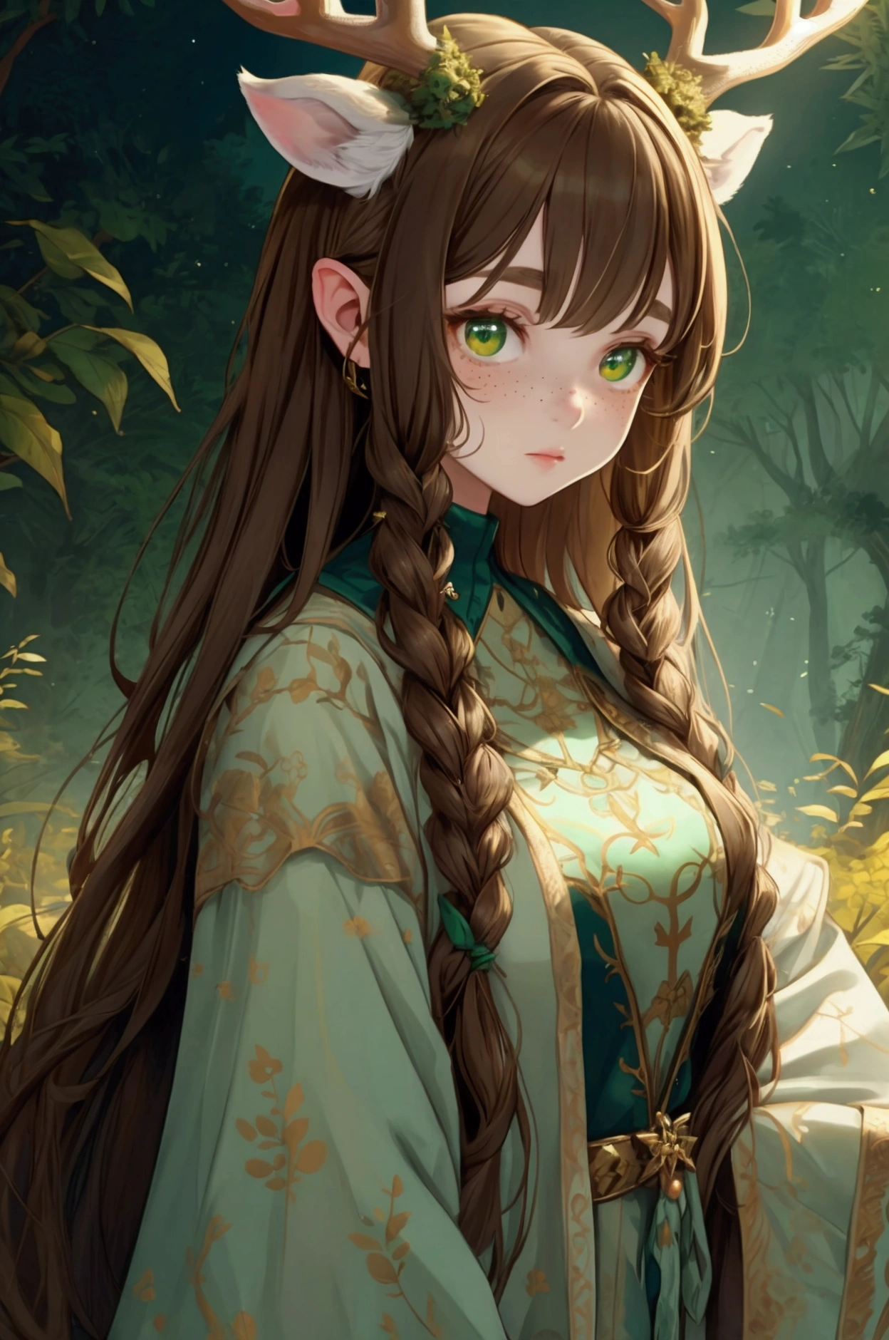 A deer girl, she has antlers, as well as deer ears, she has very fair hair skin but with white freckles. She has long muted brown hair with a mute blue-ish green.
