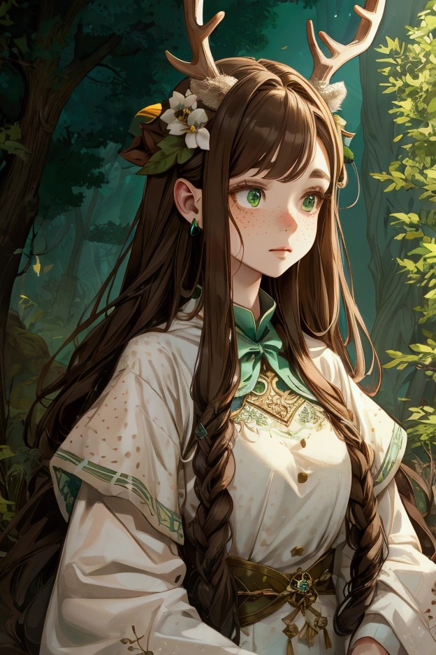 A deer girl, she has antlers, as well as deer ears, she has very fair hair skin but with white freckles. She has long muted brown hair with a mute blue-ish green.