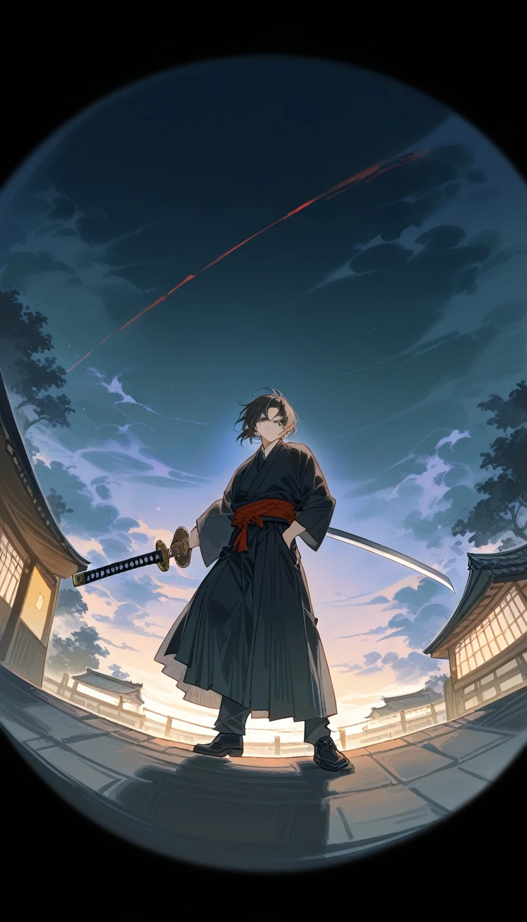 Beautiful young man, slanted gray eyes, black medium hair, Tied up, black masculine kimono, Hakama, Hakama skirt, Oblique angle, Japan atmosphere, Cool, Stylish, dynamic shot, a katana sword, wide shot, masterpiece, dynamic angle, wear a glove, fisheye lens, powerful pose, wear a black cloak, gentlemen shoes