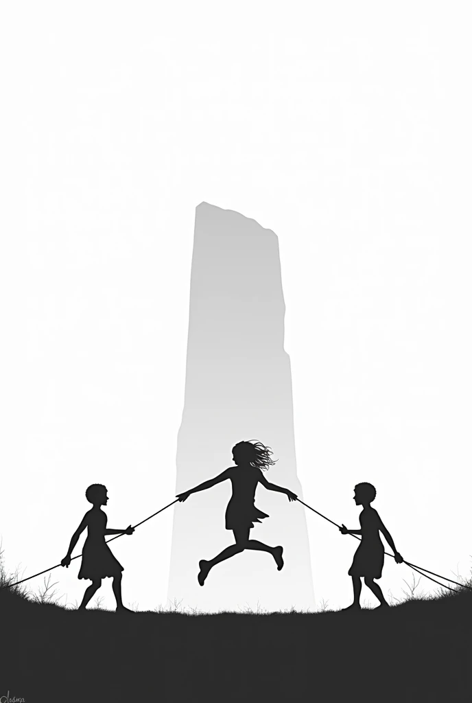 A person playing double dutch with a monolith in the background。
What is Double Dutch?、It is a long rope skipping game using two ropes.。
There was a man jumping in the rope.、There are two men holding both sides of the rope and swinging it.。
The jumping man is not touching the rope.。
Please make sure the rope is not left over and is not tangled.。
Please draw silhouettes of people without drawing faces.。
The background should be white。
