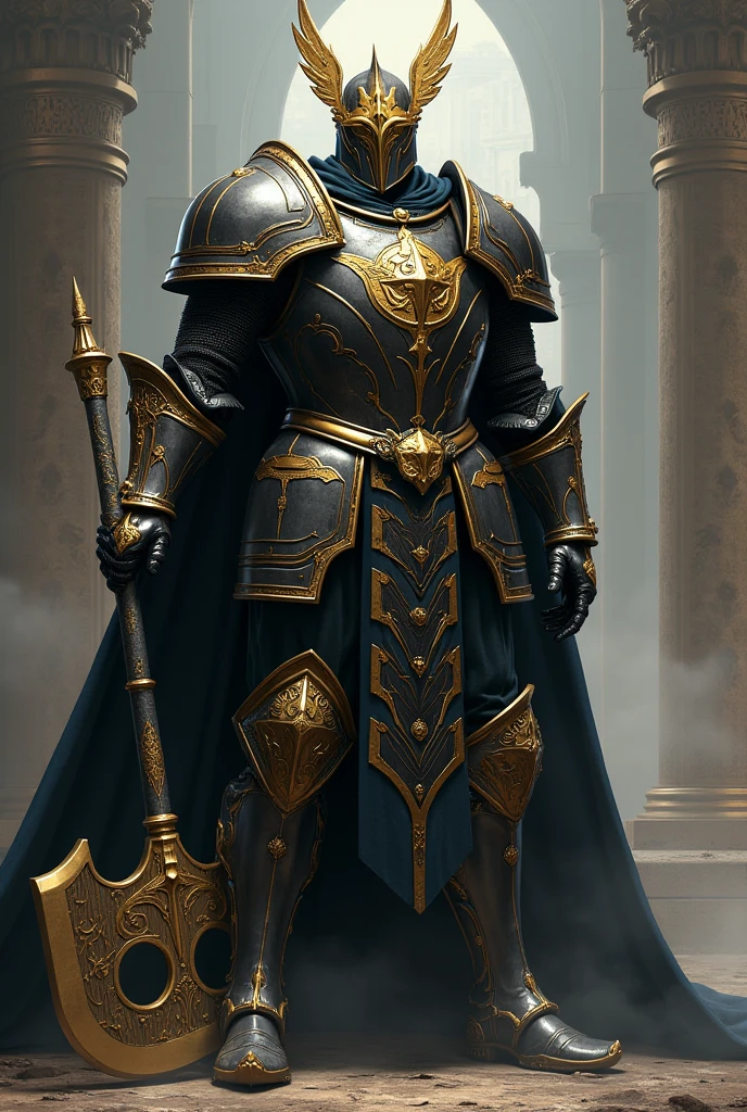 A knightly man with a golden helmet, sturdy black armor with golden decoration and angel wings, armed with an epic double-edged axe, in an attack position.