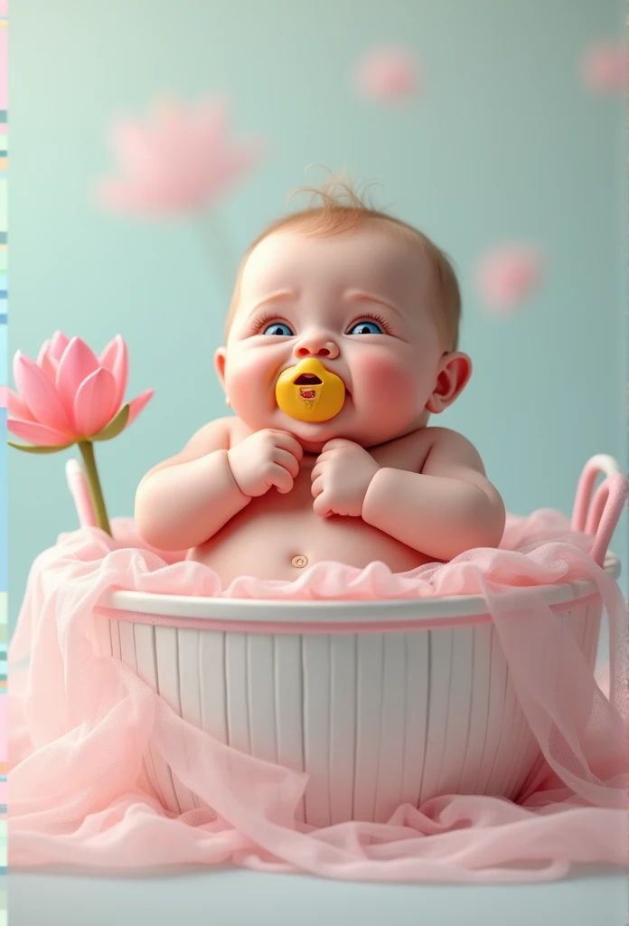 on a light background, Funny Newborn Baby , rosy-cheeked, Very fat, The eyes are blue, made a funny face, and looks at the viewer, holds a pacifier, in a white basket, pink on the sides , transparent lace, frill, next to a blue pink lotus flower, covered with a transparent pink veil, there is a pink lotus on the side of the basket , 8 K (masterpiece), ((top quality)), (super detailed), he pulled out his arms and legs and folded them in a funny way, makes you smile , holds a yellow pacifier,