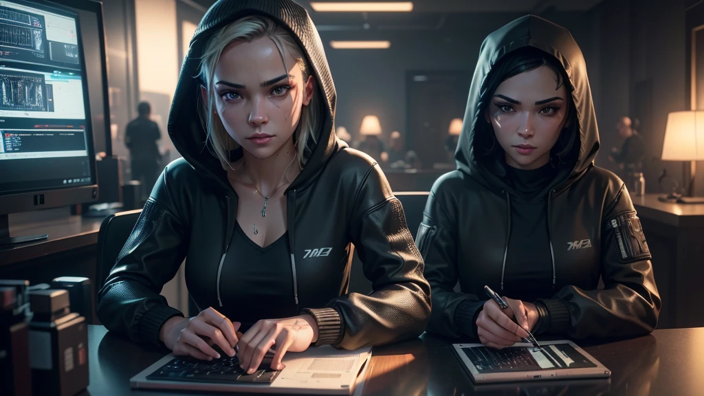 cinematic color grading film, dramatic scene, photography, RAW, Masterpiece, ultra wide angle, working in a dimly lit room, Ultra Fine Photo, (hacker:1.3), Best Quality, Ultra High Resolution, Photorealistic, volumetric light, focused expression, multiple screens displaying code, RAW photo, solo, wearing a hoodie, (extremely detailed CG unity 8k wallpaper), of the most intense hacking scene in GTA 5, professional photography, trending on ArtStation, trending on CGSociety, Intricate detail, High Detail, Sharp focus, dramatic, photorealistic, urban, tech-filled room, (high detailed skin:1.2), 8k uhd, dslr, soft lighting, high quality, film grain, glossy, (Highest quality:1.3), (sharp focus:1.5), (photorealistic:1.3), (highly detailed skin), (detailed face), (high detailed skin:1.2), (glistening skin:1.2), hacker, (highly detailed skin textures:1.15), (detailed face), (high detailed skin:1.2), (glistening skin:1.15), glossy, (tech gadgets:1.5), GTA 5, Los Santos, (nighttime:1.2), neon lights, film grain, glossy, reflections, intense atmosphere, full body shot, professional look, server rak, wired