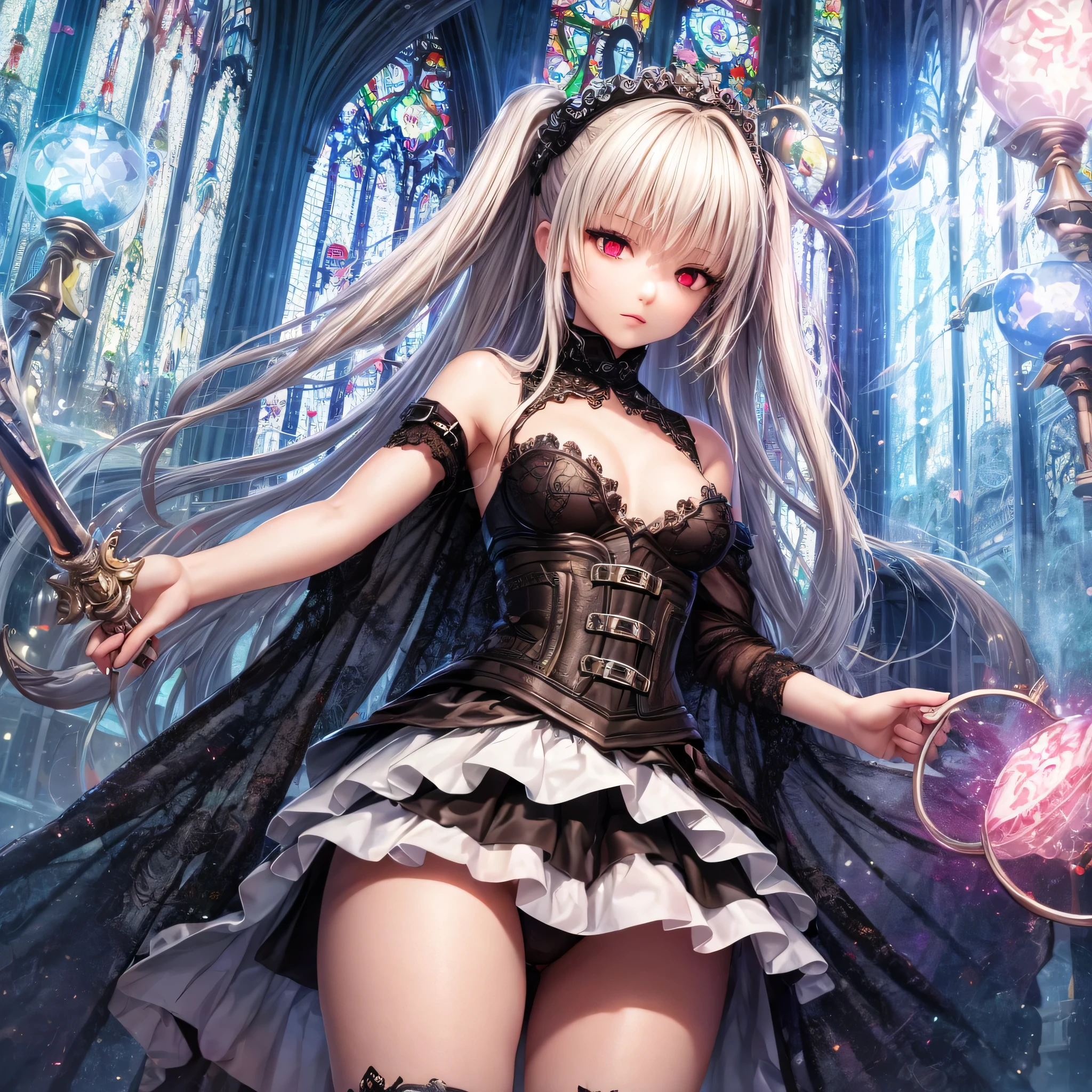 quality,8k,Highly detailed CG unit, masterpiece,High resolution,top-quality, real texture skin,surreal,Increase the resolution,RAW Photos,highest quality,Very detailed,From below,Cool Beauty,Glamour Women, Cool pose,Gothic Lolita,A skirt full of frills,Red accent embroidery,long hair shining white, Mysteriously glowing crimson eyes, Queen, world, Crystal Flower,Sparkling stained glass like a kaleidoscope,Majestic cathedral,Layered skirt with details, Detailed embroidery, Very layered ruffles, Detailed Texture,A geometric magic circle above your head,Ornamented silver walking stick,The hidden forbidden sanctuary,