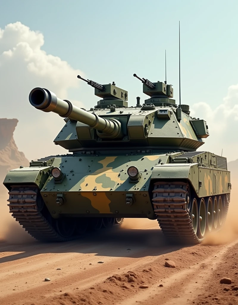 Imagine a military tank designed for battle. It is heavy-duty and robust, built from tough metal, with sturdy caterpillar tracks that allow it to navigate various terrains. The main gun juts outwards imposingly from a rotating turret on top while several smaller machine gun mounts are visible at strategic locations. The tank's body is painted in a disruptive camouflage pattern, enabling it to blend into a variety of environments. Dust swirls around its base as it rumbles forward, emitting an aura of formidable power and steadfast resilience.