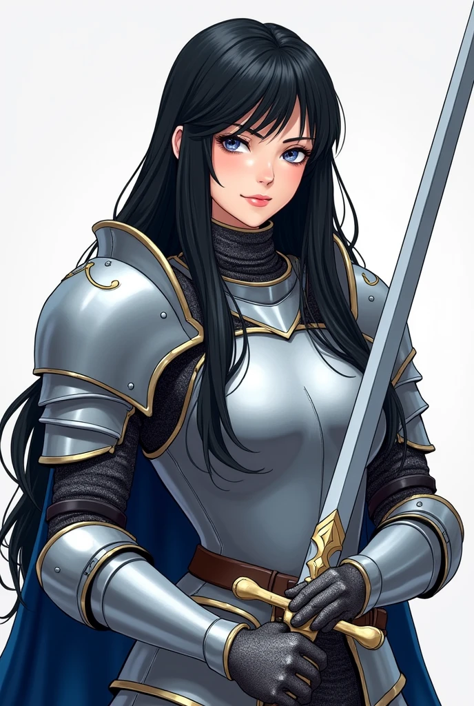 Illustration of a bust-up of a cool, cute, and mature female knight.
Black long hair.
Armor is based on silver and blue.
3 heads tall.
Holding a longsword.
