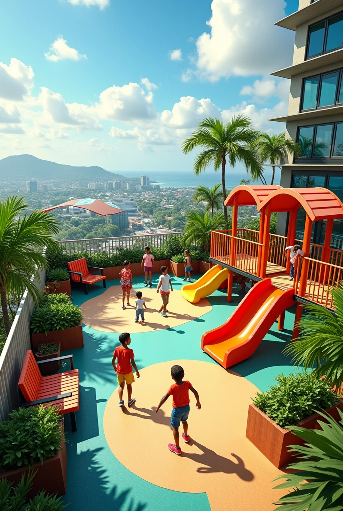 Children's play area on a tower rooftop terrace in the Dominican Republic. Non-hazardous games that encompass children between the ages of 6 and 12 years old. Take into account that it is a tower roof, so the games cannot pose a danger..
realistic design