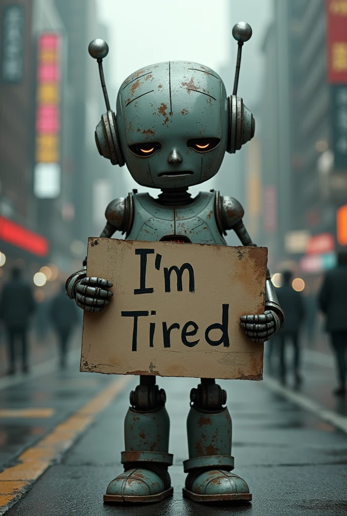 A robot with a sad expression in the city & holding a sign that says I'm Tired for the overall photo size 3000×3000 pixels