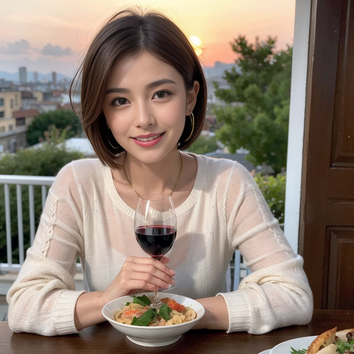 （Realistic:1.1）,(masterpiece,Highest quality)，8k,(49 years old), 53 years old, ベリーslimボディ、slimカップル、Tight waist,Upper Body,full-course dinner、wine 、Amazing view of the sunset sky and clouds、Perfect Anatomy, Brown Hair, short hair,Random Hairstyles,((Highly detailed face and eyes:1.2))，Perfect golden ratio face，Long sleeve shirt、dress,(smile:1.2)、Shortcuts、cute、(Realistic, Intricate details:1.2), A bright smile、short hair,Bright Face、赤wine 、Appetizers、Italian food、wine bottle、Champagne、スパークリングwine、(slimな顔), (The body is slim), (Brown Hair), (Shortcuts),  Upper Body, 白wine, slim, wineグラス, 