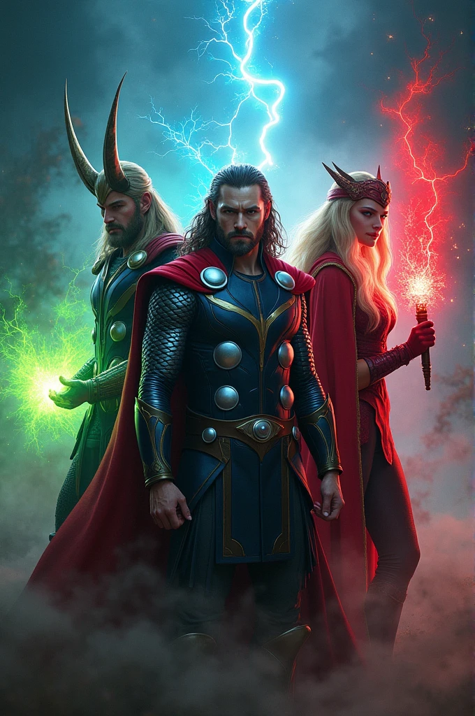 Loki with horn and green magic,
Thor with blue aura and lightning, 
Scarlet witch with red aura and warping reality